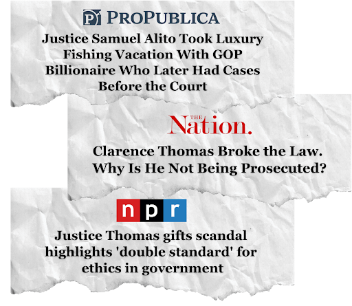Headlines from ProPublica, The Nation, and NPR highlighting SCOTUS corruption