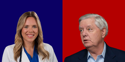 A split photo showing Dr. Annie Andrews, a Democrat running for SC Senate, on one side and Senator Lindsey Graham, a MAGA Republican, on the other side
