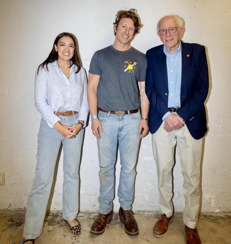 From left to right, AOC, Sam Forstag, and Bernie Sanders